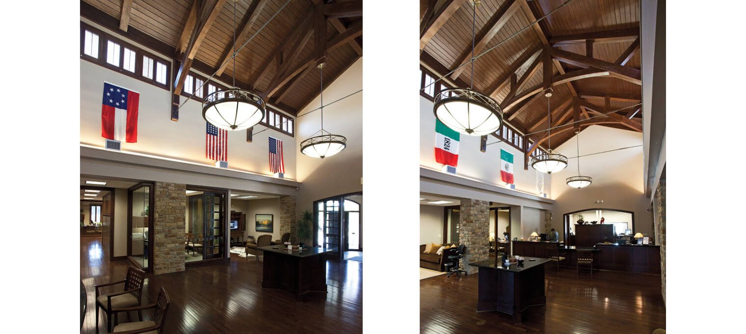 commercial timber frame bank lobby trusses & accents1