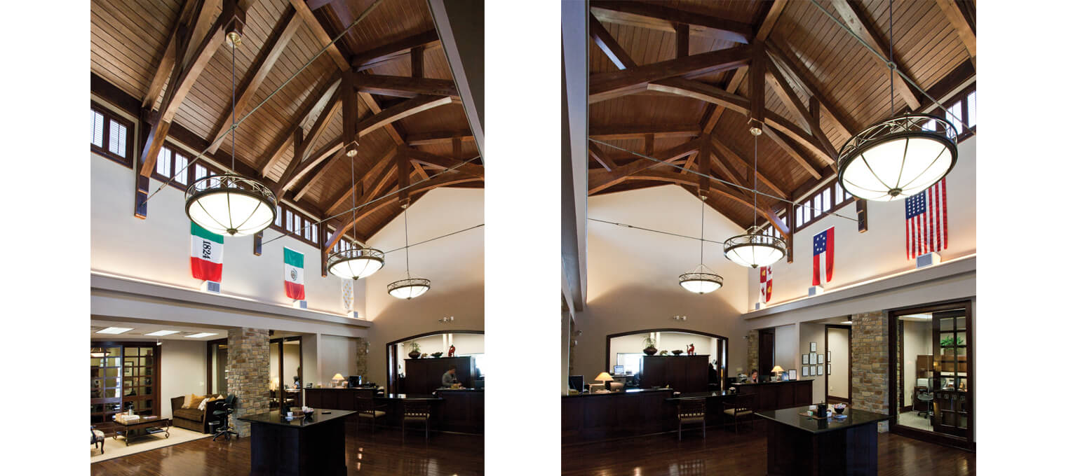 commercial timber frame bank lobby trusses & accents2
