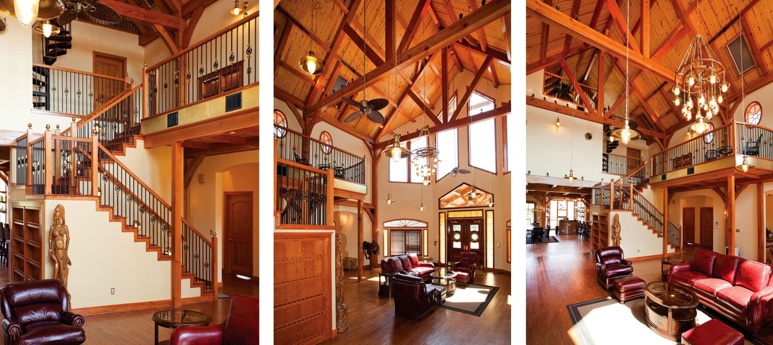timber frame home ceiling trusses staircase greatroom nautical design 2