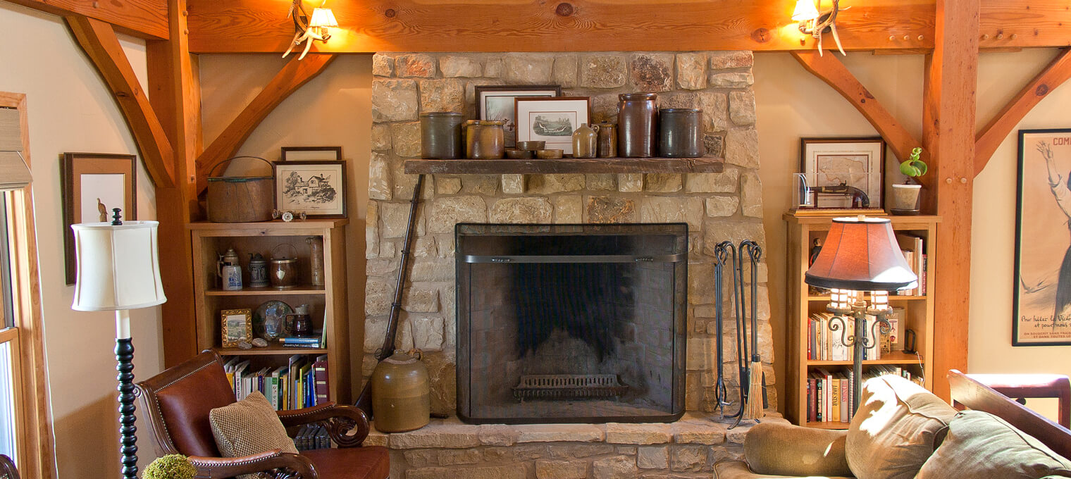 timber frame home fireplace weekend retreat 2