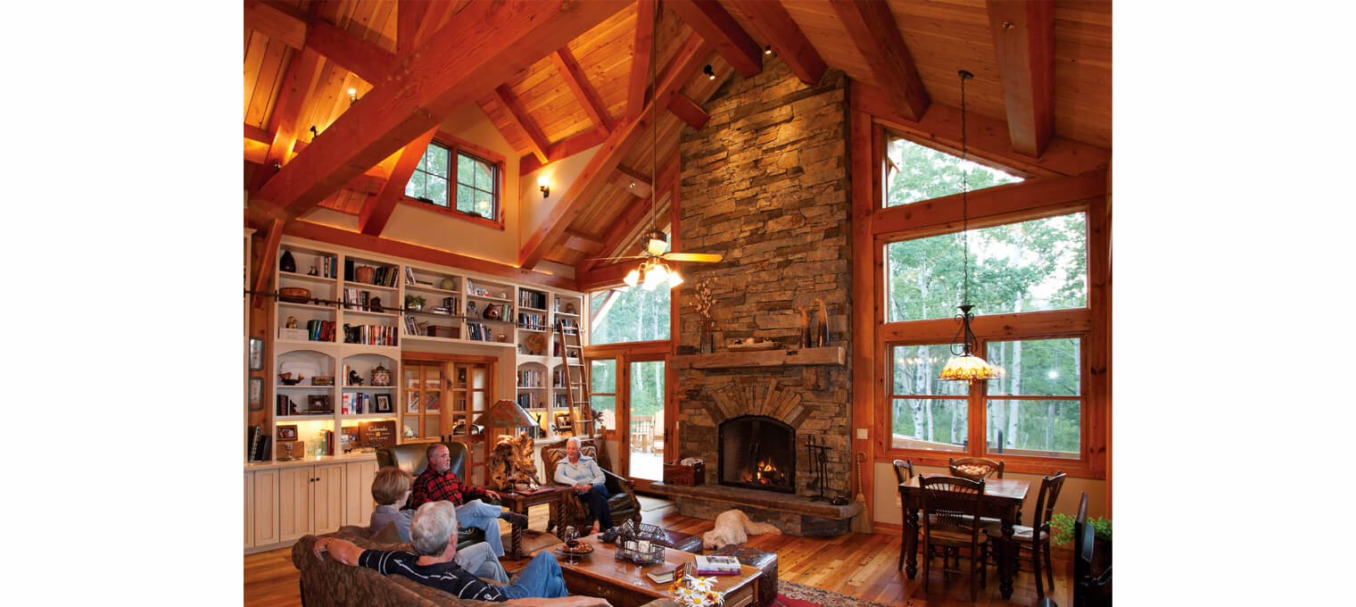 timber frame home great room fireplace mountain retreat 3