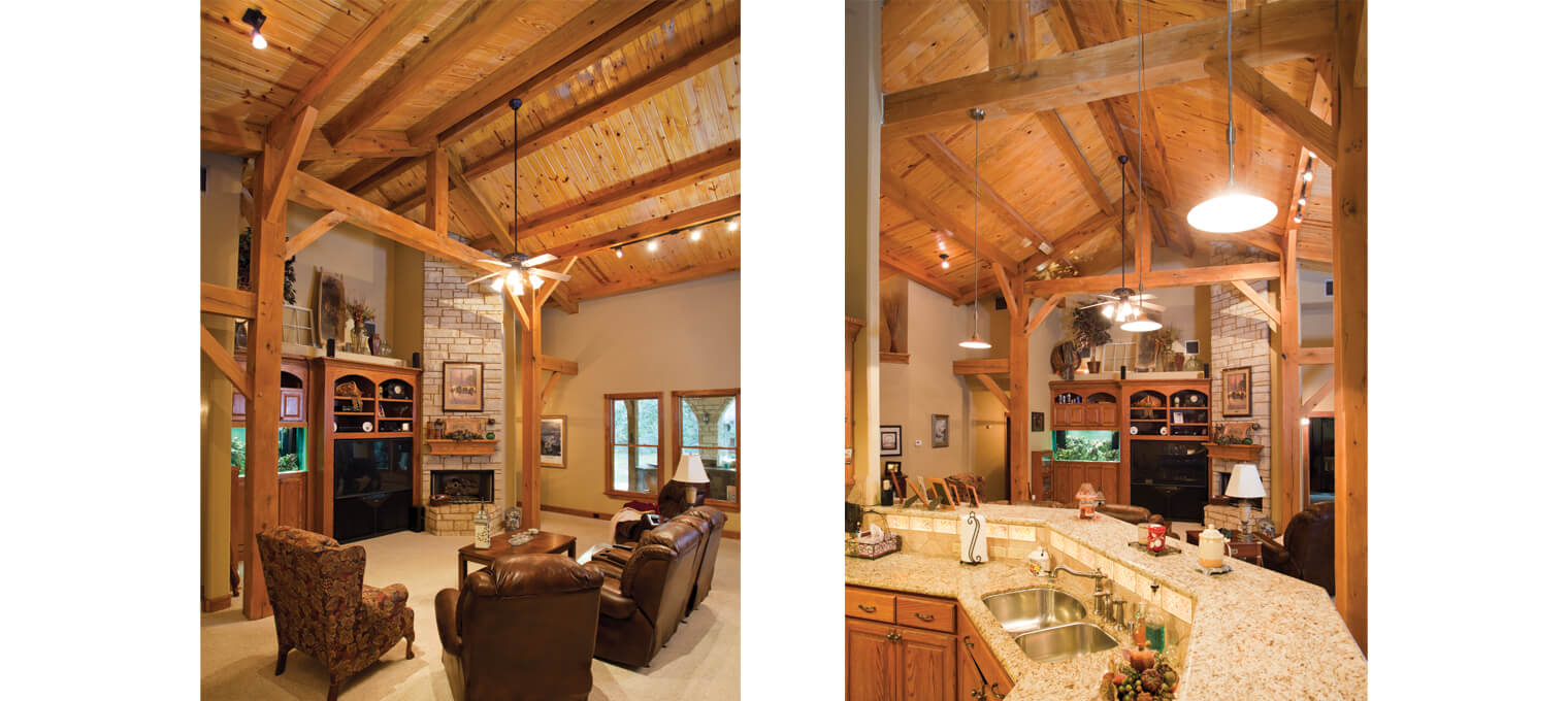 timber frame home kitchen living rm houston timberframe 11