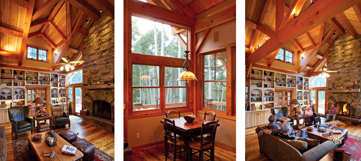 timber frame home library fireplace mountain retreat 6