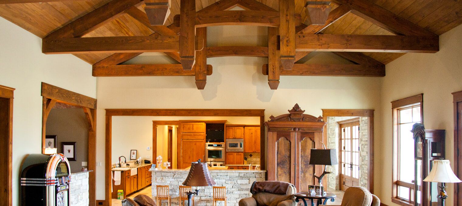 timber frame home living room kitchen hybrid hill country 5
