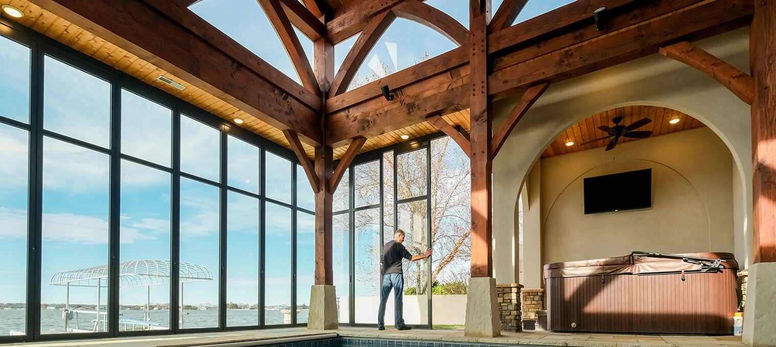 residential timber frame indoor/outdoor pool pavilion4