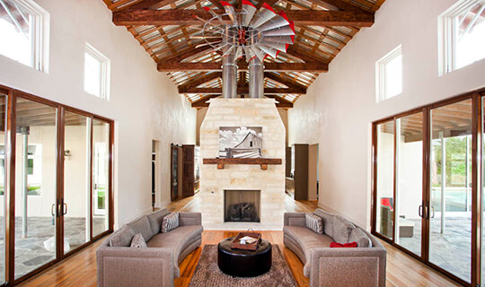 timber frame home urban farmhouse with fireplace